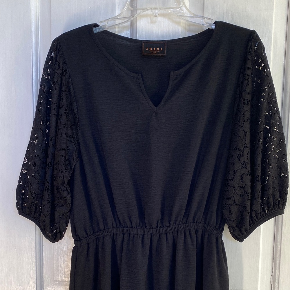 Amana Black Dress with Lace Sleeves Large - Picture 3 of 16